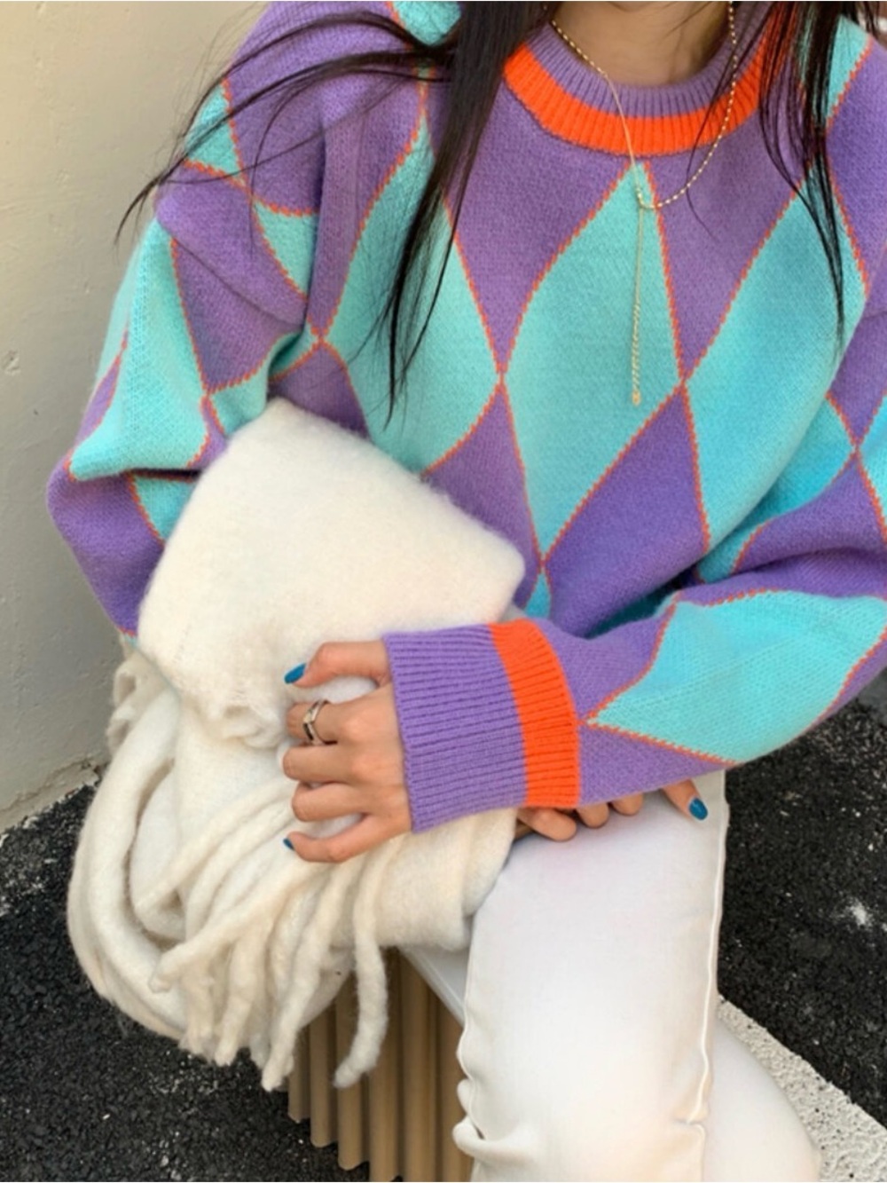 Topshop Lavender & Aqua Argyle Crewneck Sweater with Orange Trim